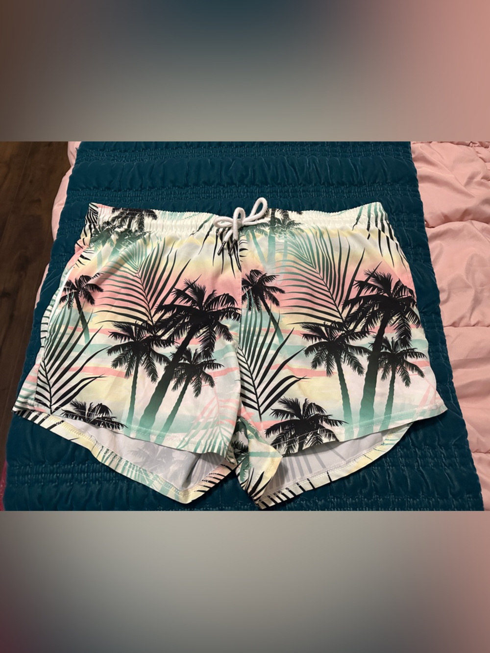Tropical Palm Print Women's Drawstring Shorts - Pastel Multi. Board shorts
